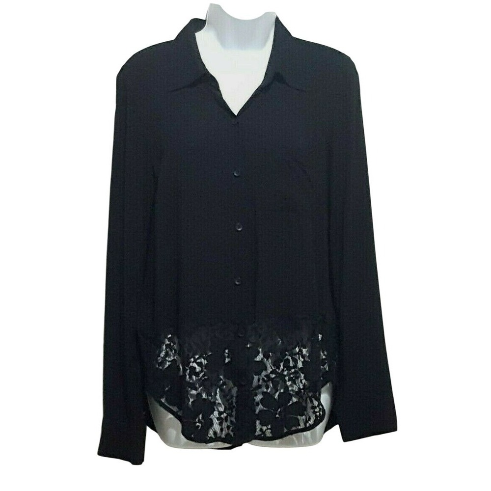 BCBG Generation Womens S Black Long Sleeve Lace Trim Button Front Top Blouse